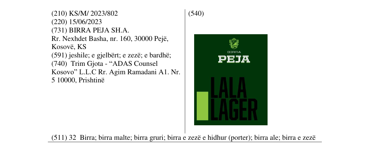 Zëri i markës BIRRA PEJA LALA LAGER në buletin