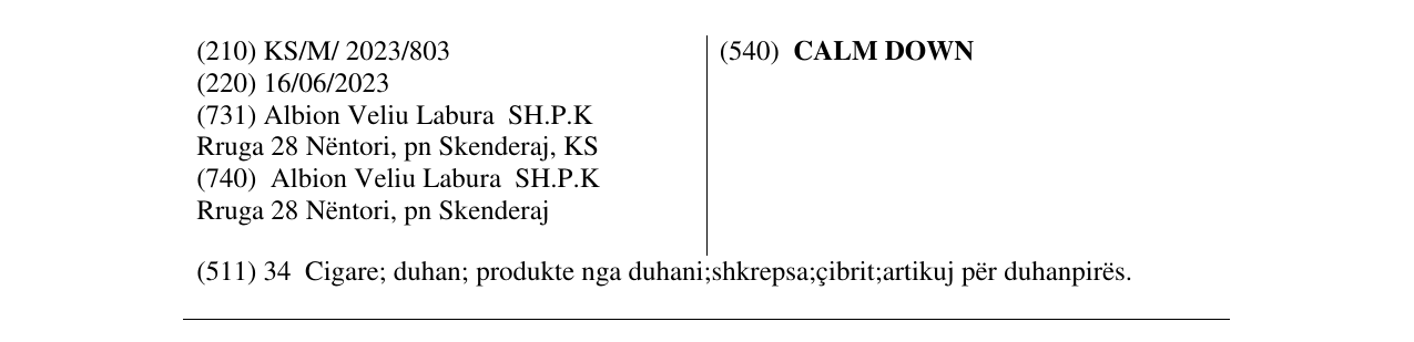 Zëri i markës CALM DOWN në buletin