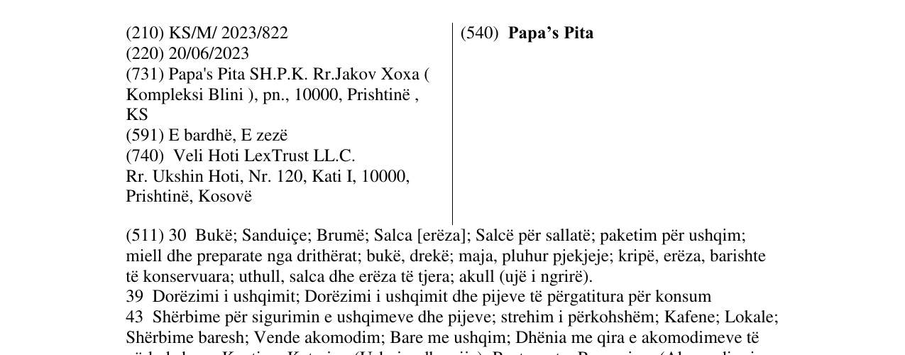 Zëri i markës Papa’s Pita në buletin