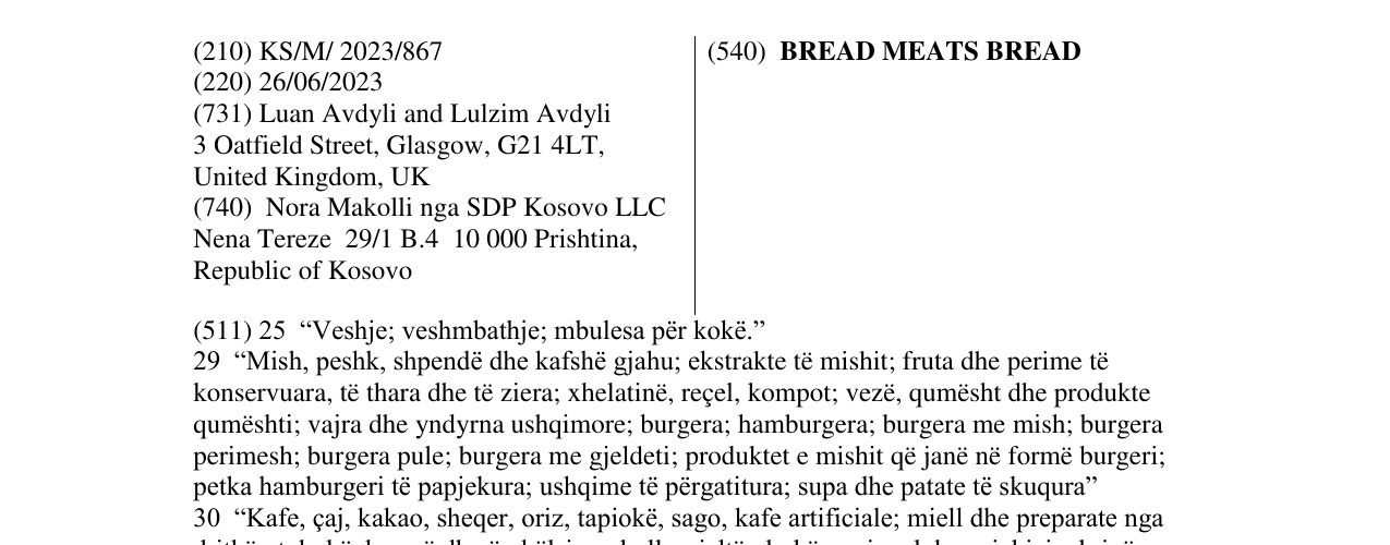 Zëri i markës BREAD MEATS BREAD në buletin