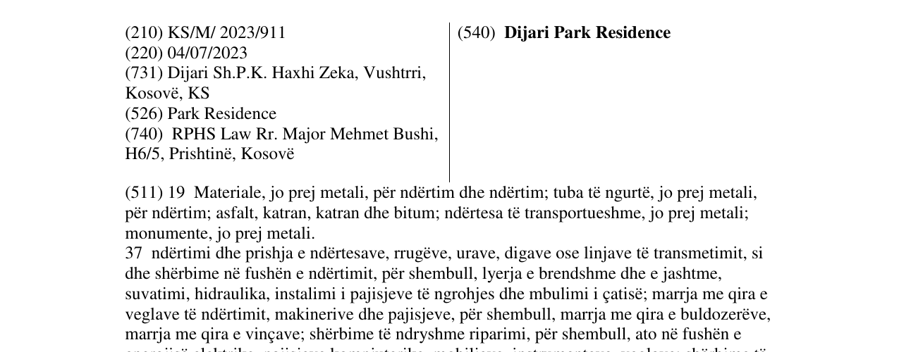 Zëri i markës Dijari Park Residence në buletin