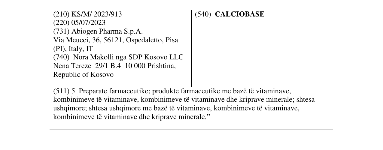 Zëri i markës CALCIOBASE në buletin