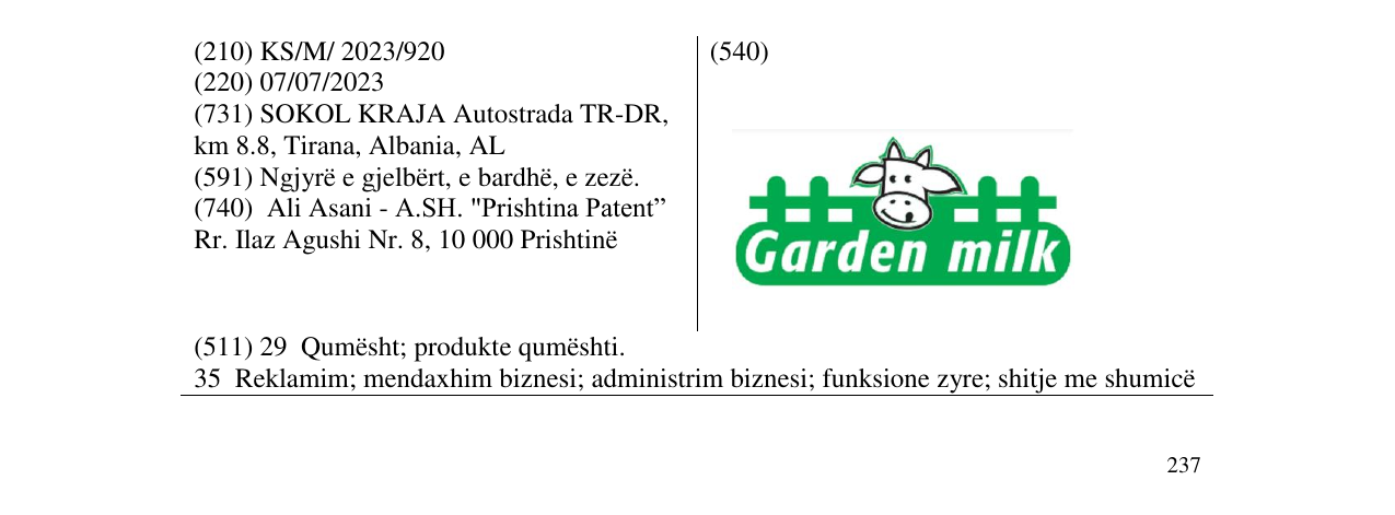 Zëri i markës Garden milk në buletin