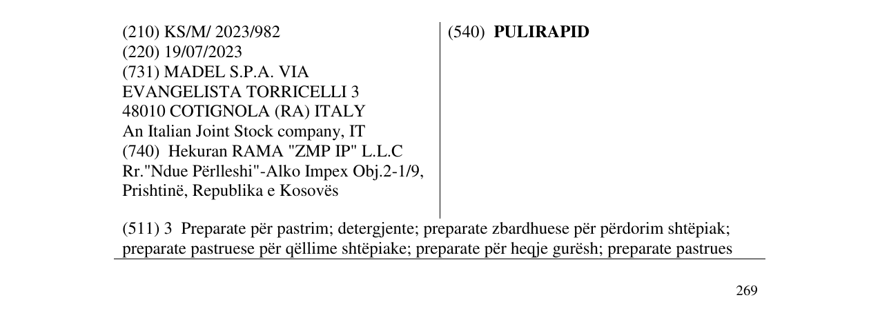 Zëri i markës PULIRAPID në buletin