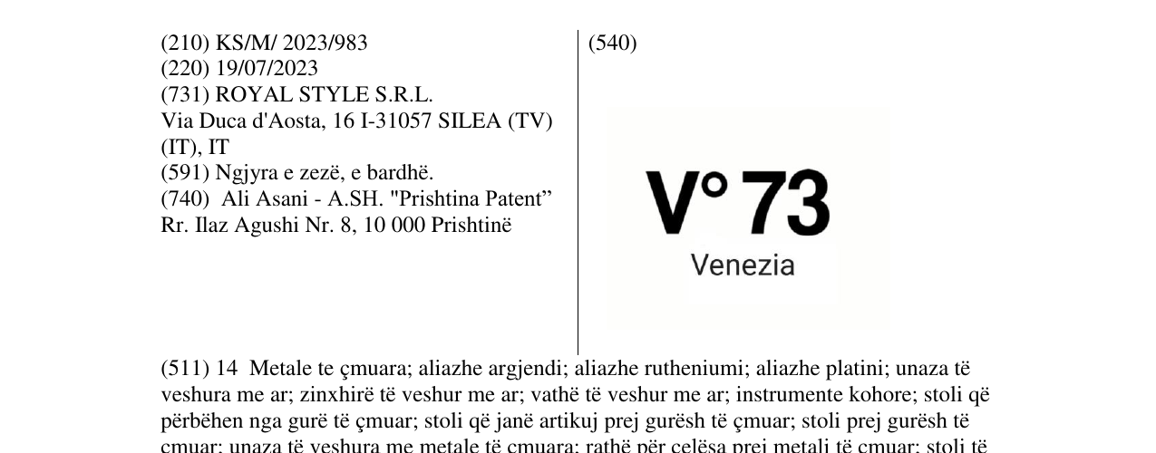Zëri i markës V73 venezia në buletin