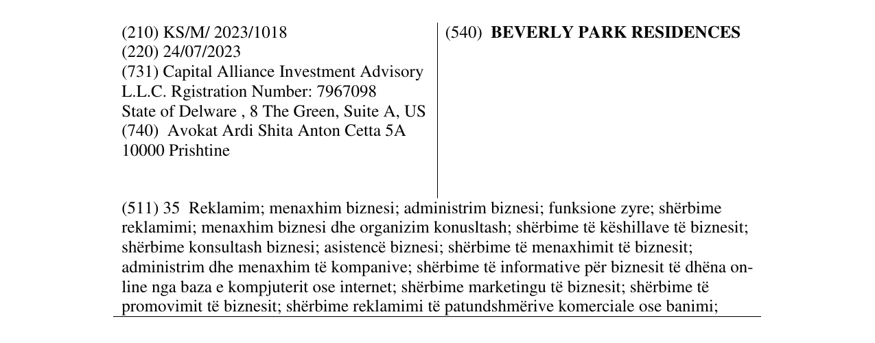 Zëri i markës BEVERLY PARK RESIDENCES në buletin