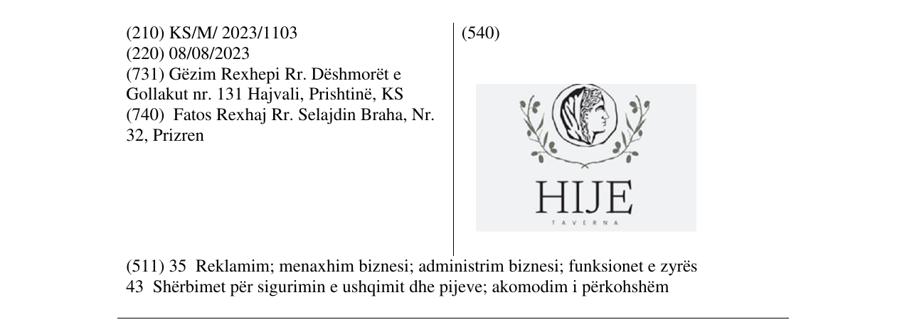 Zëri i markës TAVERNA HIJE në buletin