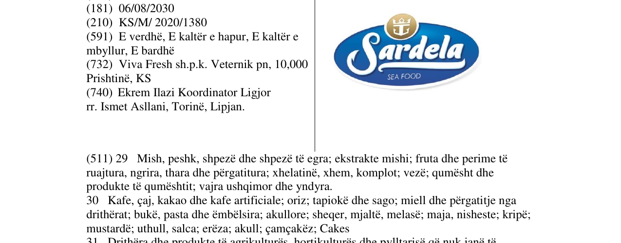 Zëri i markës Sardela sea food në buletin