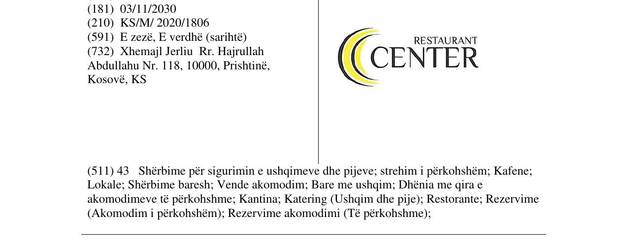 Zëri i markës RESTAURANT CENTER në buletin