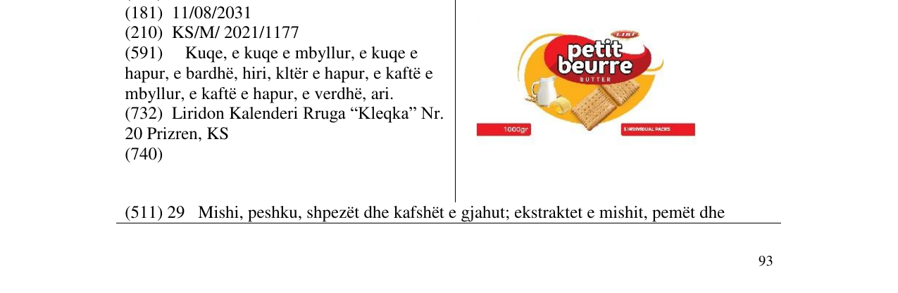 Zëri i markës LIRI- PETIT BEURRE BUTTER në buletin