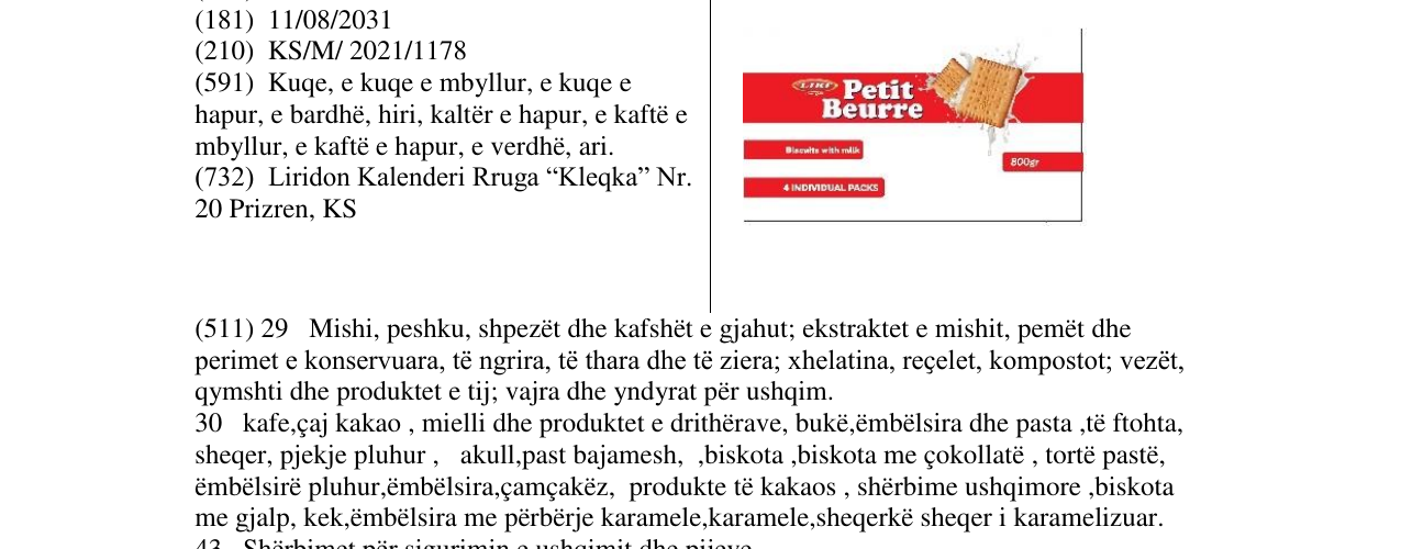 Zëri i markës LIRI- PETIT BEURRE në buletin