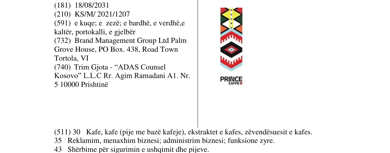Zëri i markës PRINCE CAFFE në buletin
