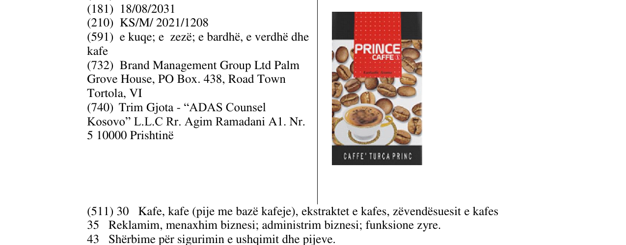 Zëri i markës PRINCE CAFFE në buletin