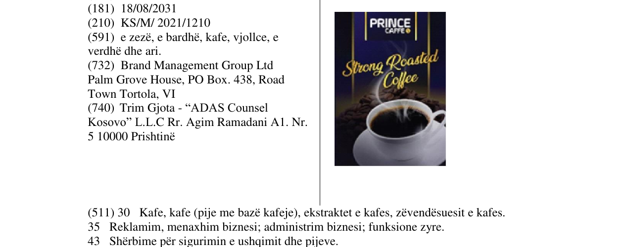 Zëri i markës PRINCE CAFFE në buletin