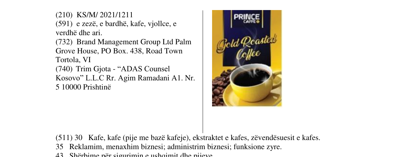 Zëri i markës PRINCE CAFFE GOLD ROASTED COFFEE në buletin