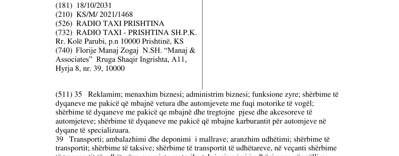 Zëri i markës RADIO TAXI PRISHTINA në buletin