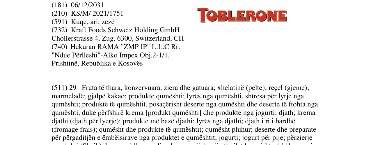 Zëri i markës TOBLERONE në buletin