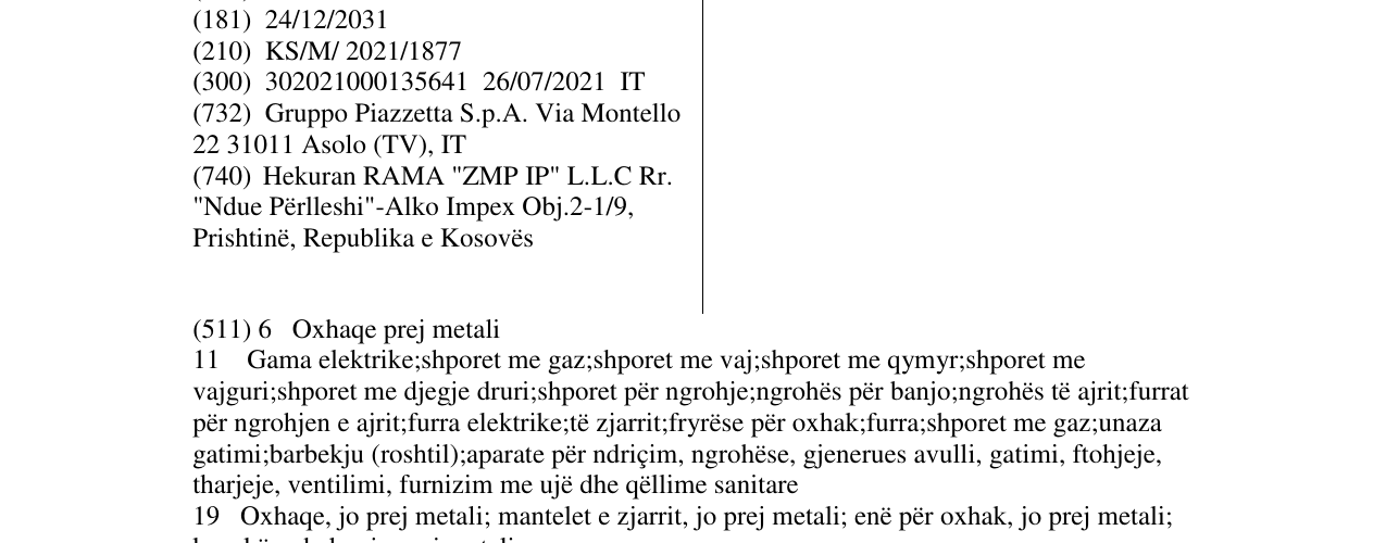 Zëri i markës PIAZZETTA në buletin