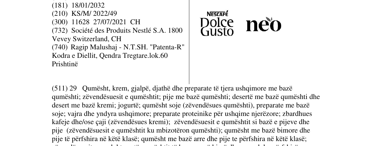 Zëri i markës NESCAFE DOLCE GUSTO NEO në buletin