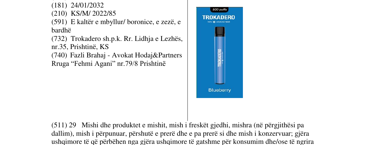 Zëri i markës TROKADERO në buletin