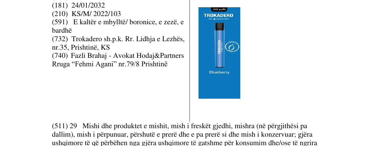 Zëri i markës TROKADERO në buletin