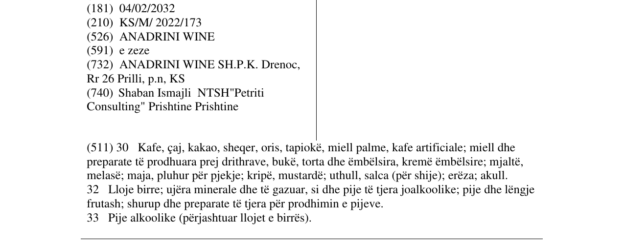 Zëri i markës ANADRINI WINE në buletin
