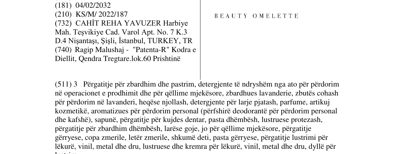 Zëri i markës BEAUTY OMELETTE në buletin