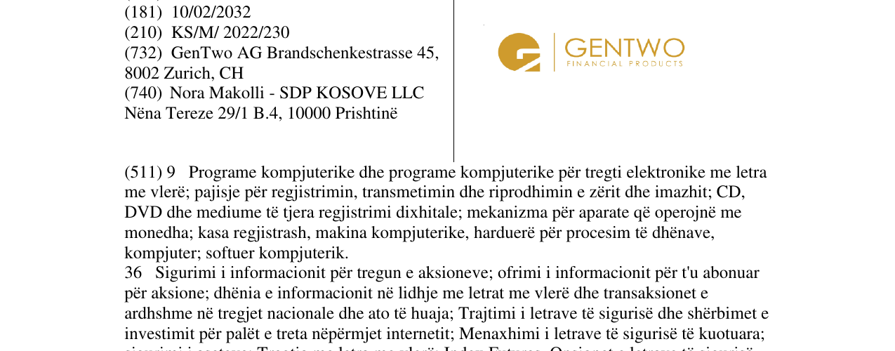 Zëri i markës GENTWO FINANCIAL PRODUCTS në buletin