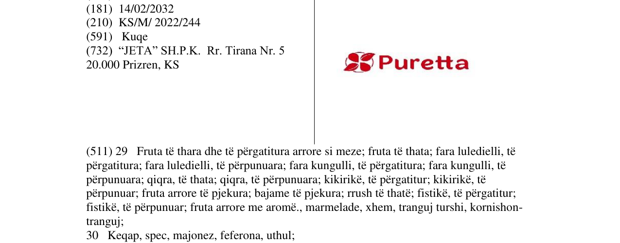 Zëri i markës Puretta në buletin