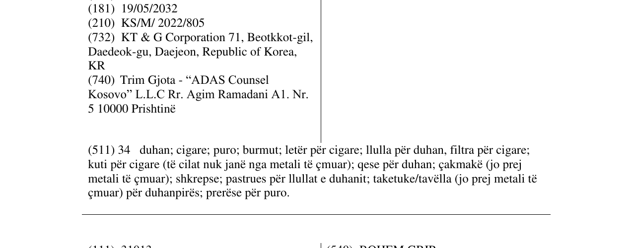 Zëri i markës BOHEM CIGAR në buletin