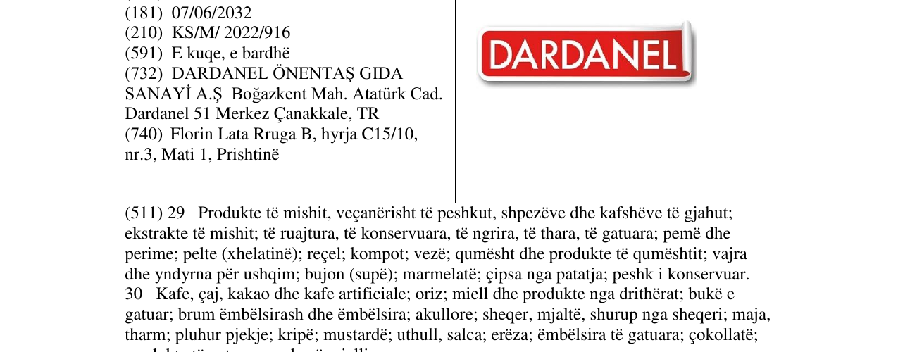 Zëri i markës DARDANEL në buletin