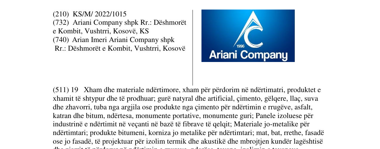 Zëri i markës Ariani Company në buletin