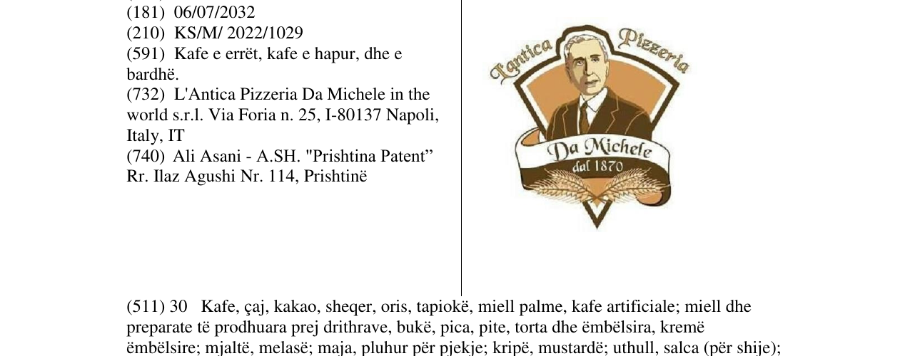 Zëri i markës L'antika Pizzeria Da Michele në buletin