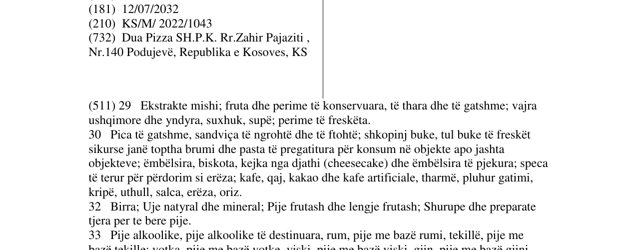 Zëri i markës DUA PIZZA në buletin
