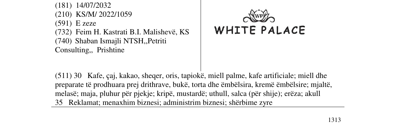 Zëri i markës WHITE PALACE në buletin