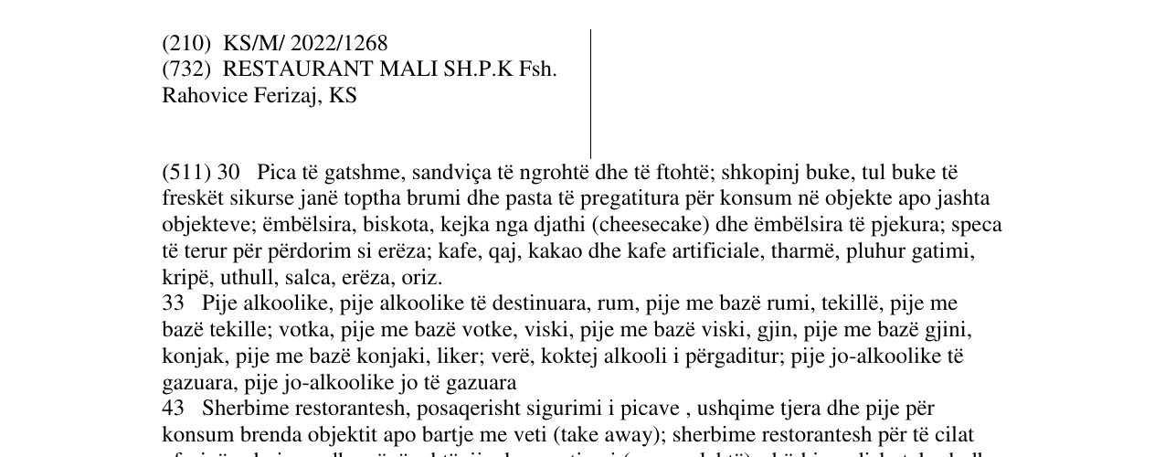 Zëri i markës RESTAURANT MALI në buletin