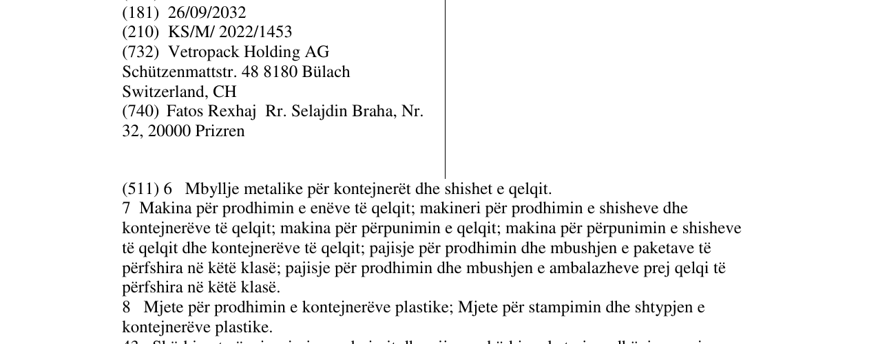 The entry of the trademark Vetropack in the bulletin