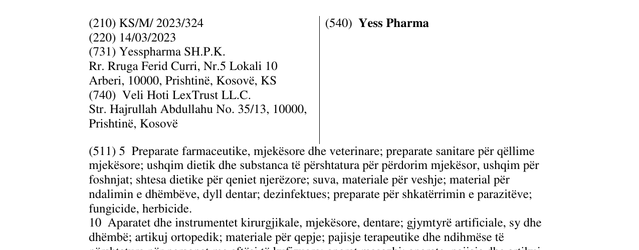 Zëri i markës Yess Pharma në buletin