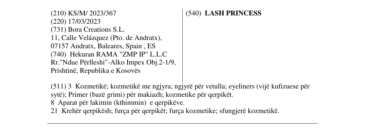 Zëri i markës LASH PRINCESS në buletin