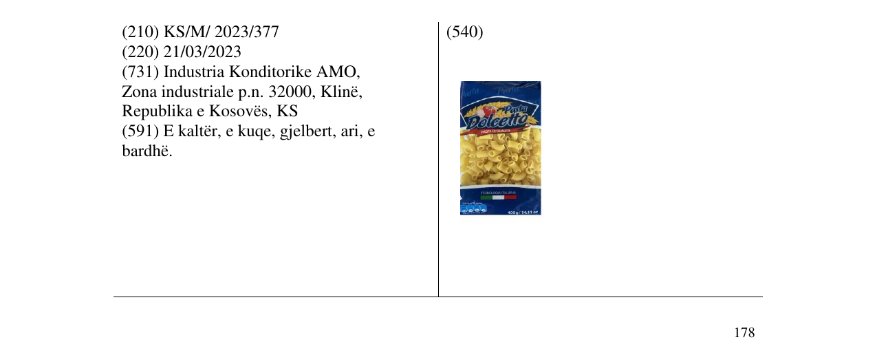 Zëri i markës Pasta Dolcetto në buletin