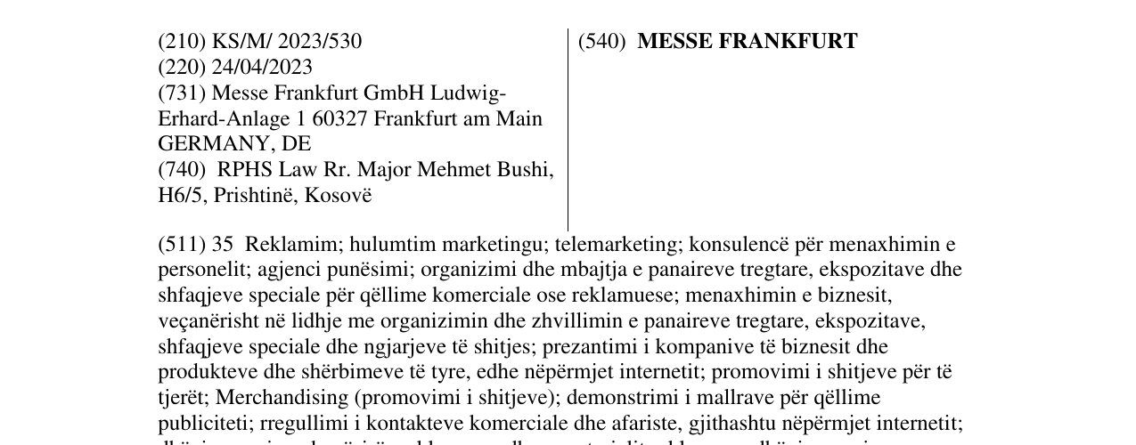 Η εγγραφή του σήματος MESSE FRANKFURT στο δελτίο