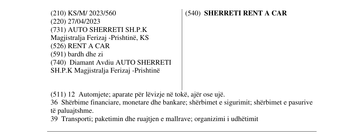 Zëri i markës SHERRETI RENT A CAR në buletin