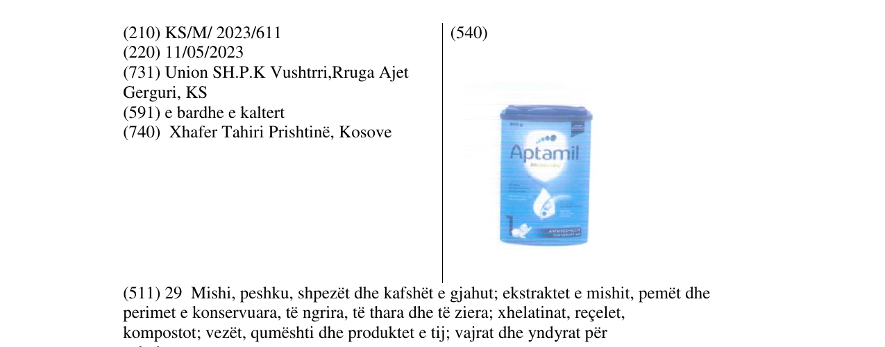 Zëri i markës Aptamil në buletin