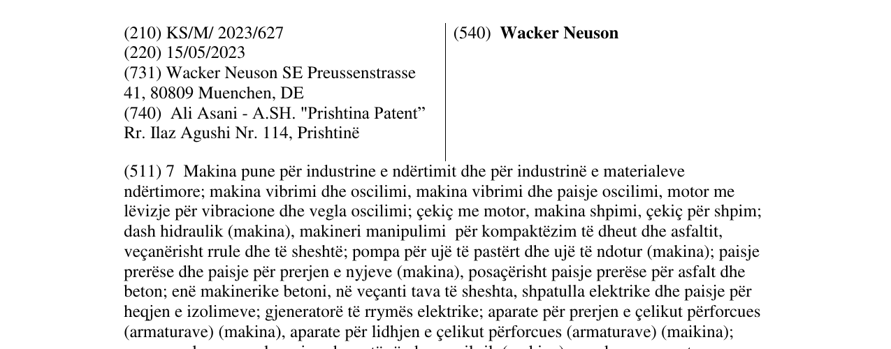 The entry of the trademark Wacker Neuson in the bulletin