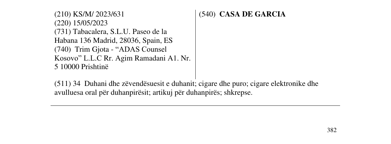 Zëri i markës CASA DE GARCIA në buletin