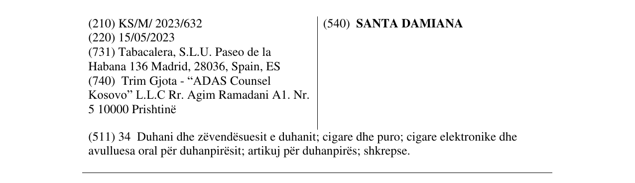 Zëri i markës SANTA DAMIANA në buletin