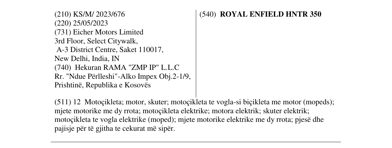 Zëri i markës ROYAL ENFIELD HNTR 350 në buletin