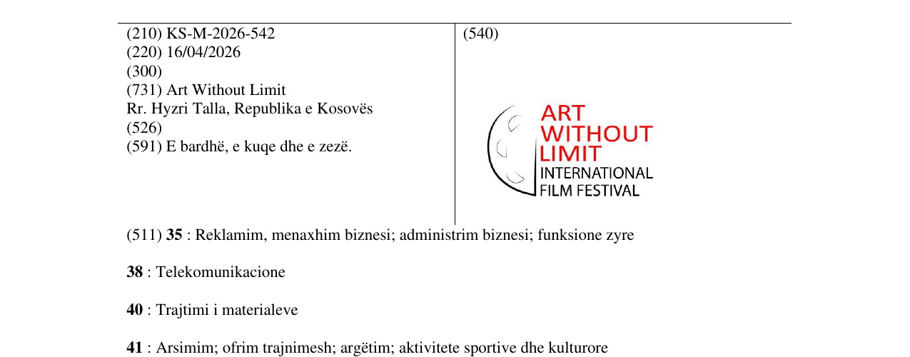 Zëri i markës KS/M/2026/542 në buletin