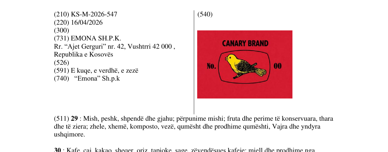 Zëri i markës KS/M/2026/547 në buletin