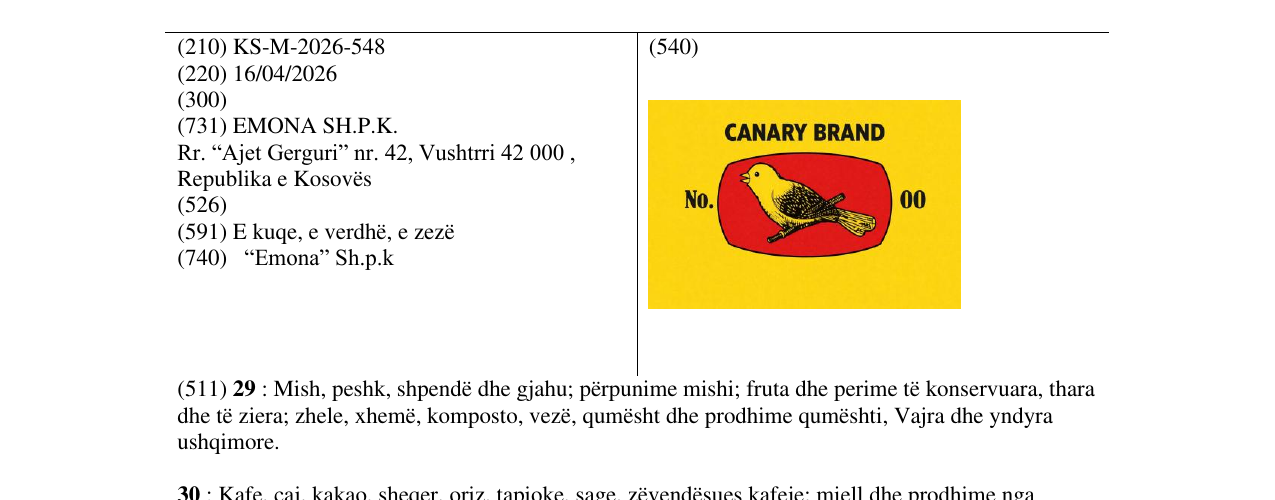 Zëri i markës KS/M/2026/548 në buletin
